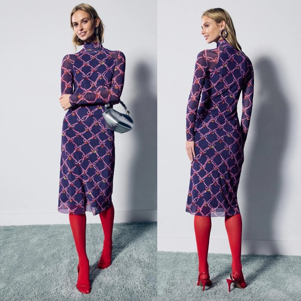 Rachel Antonoff x RTR Lilith Midi Dress in Navy Blue & Pink Long Sleeve Mesh M - Picture 3 of 3